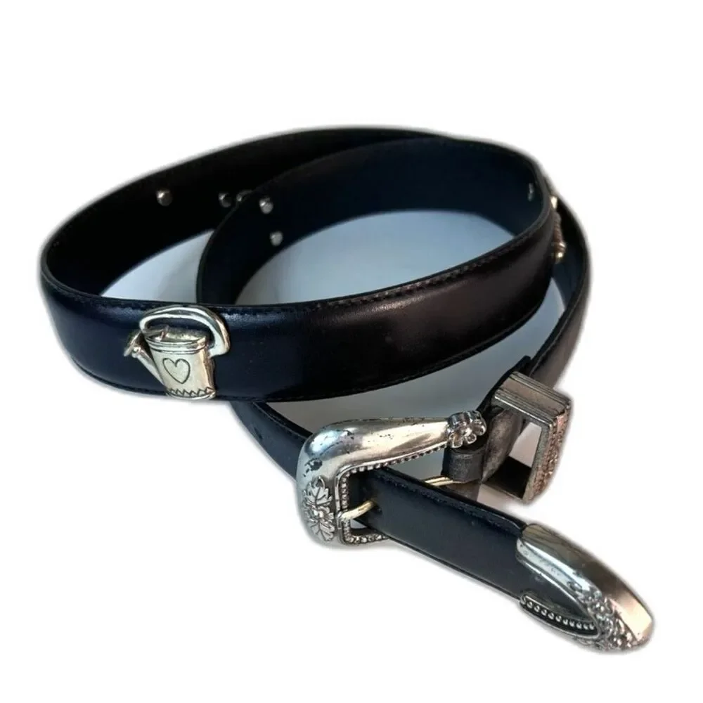 Talbots Women's NWOT Black Leather Silver Buckle Gardening Charm Belt Size XL